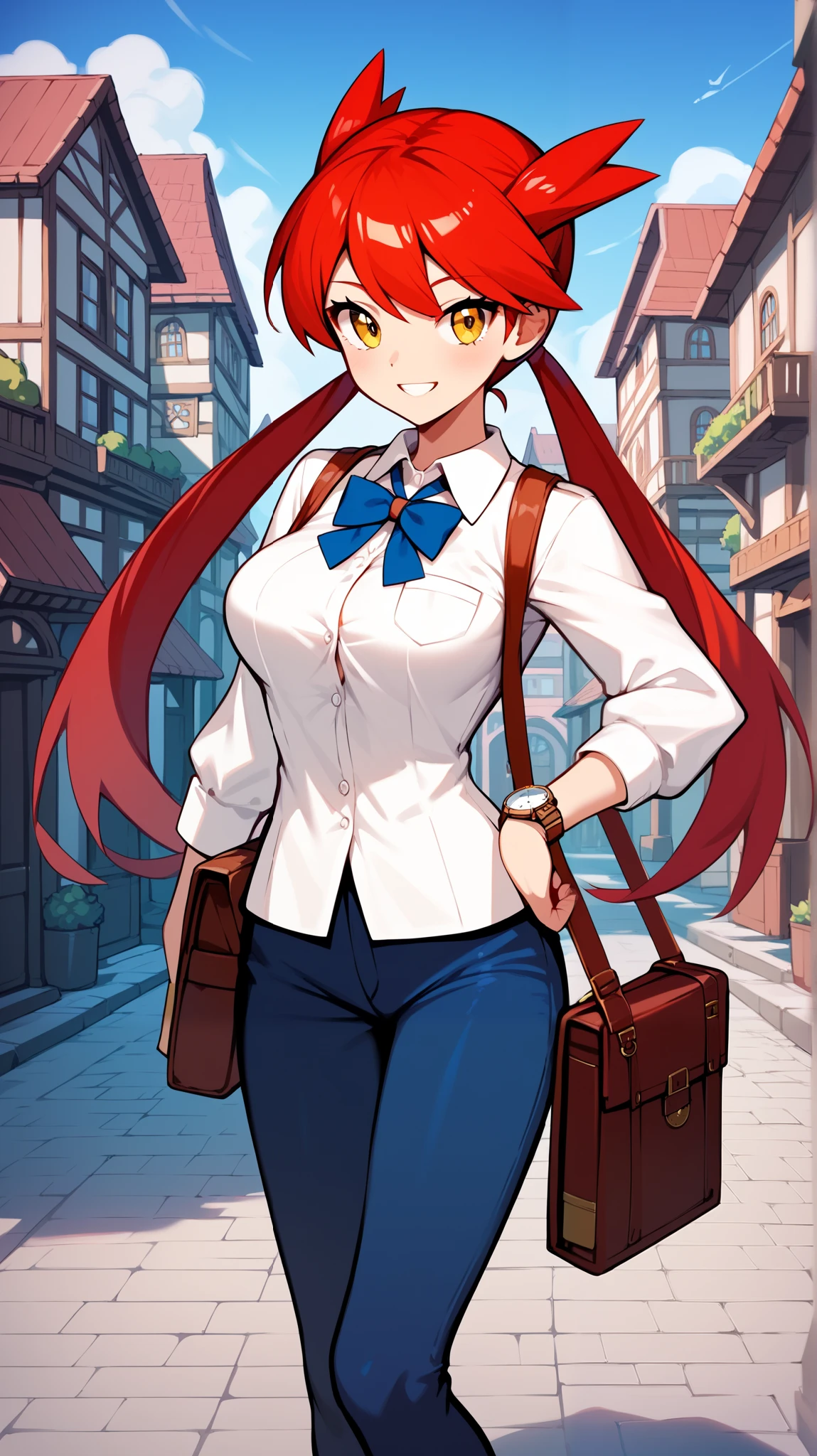 (( top quality )), ((masterpiece)), (( Details)), 1girl, Red hair color,  twin tails,  long hair, Yellow Eyes, Ample breasts,  Tall,  Watch Viewers , 1 Female, Age 18,  white sailor suit,  white long sleeve shirt ,  blue miniskirt , uniform,  high school girl,  black knee-high stockings,  absolute domain,  loafers without pants,  sexy smile,  seductive smile, Place one hand on hip, Slim figure,  ANIME COLORING BOOK, (\ Pokémon\), Two legs, two arms, town,

