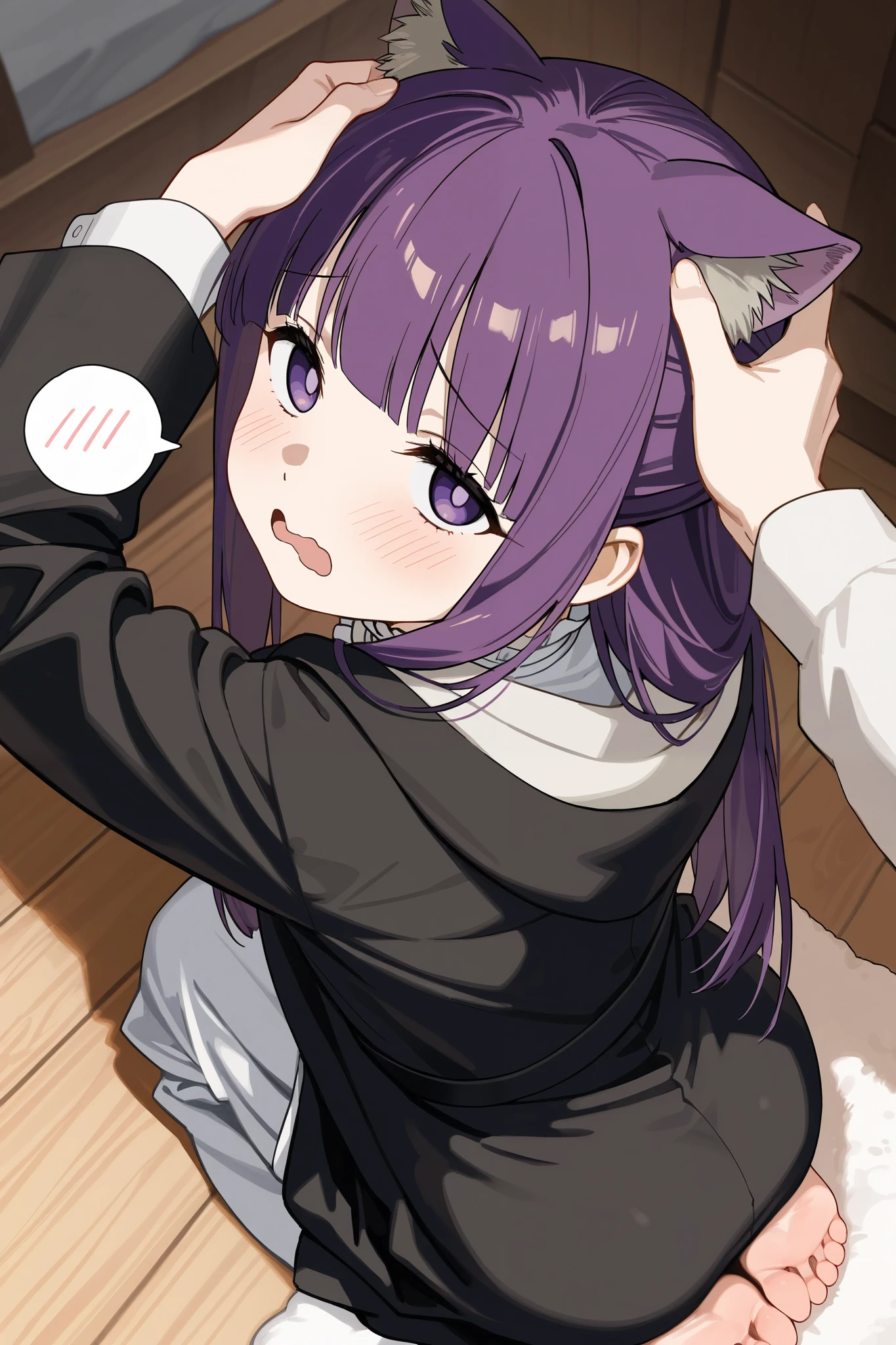 1girl\(fern\(sousou no frieren\),black coat,seiza, >:(, half-closed eyes,wavy mouth,(half open mouth,,anguish expression:1.26),blush, looking back,look at viewer,cat ears,hands on head\), spoken blush ,warm and cozy wooden bedroom,composition\(rear view,from above, from the right side\),BREAK, masterpiece, best quality, 8k, highres, ultra-detailed,HDR, UHD,
