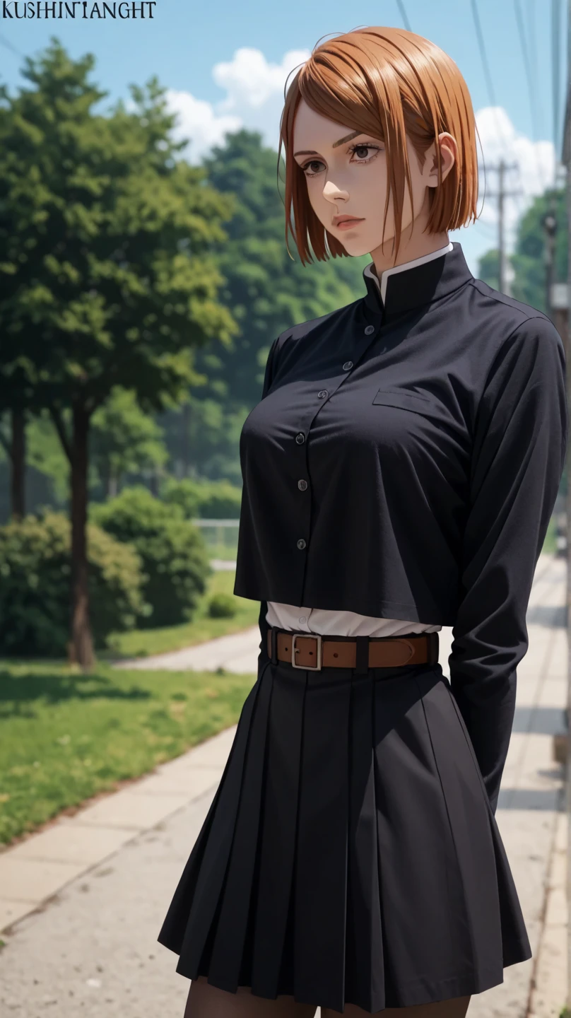 1girl, solo, kugisaki nobara, orange hair, short hair, brown eyes, large breast, black uniform school, cropped black button down shirt lenght sleeved, white undershirt, brown belt, black short skirt, high stocking, outdoors