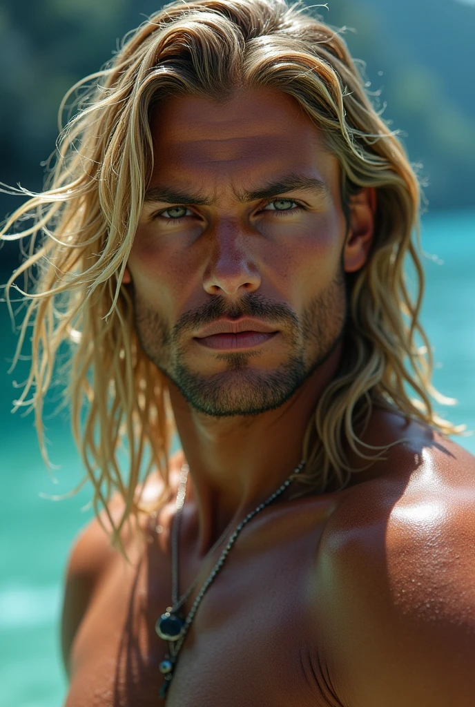 Homme, 32 ans, blond, cheveux long undercut, sans barbe, grandeur 187 cm, athlétique, sans poil sur le corps, sans chandail, yeux vert pâle, grande mains, sourire, marche sur la plage caraïbe, bière corona à la mains gauche