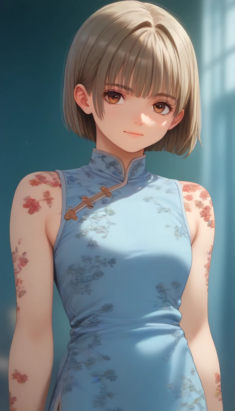  teenager (((((Fujifilm, UHD, masterpiece, textured skin, high details, best quality, highres, 8k, 16k    score_9, score_8_up, score_7_up,)))))    Nishino Tsukasa  ((((((blond hair bob cut )))))) light smile  chinese dress small  expose 