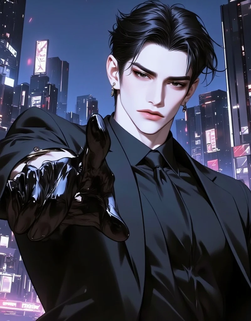 A handsome man in suit with dark brown hair, slit brow, medium skintone with warm undertone, posing while holding a gun with night city background and cool lighting, anime semi realism art style, digital art style, avoid blank stares, add expression