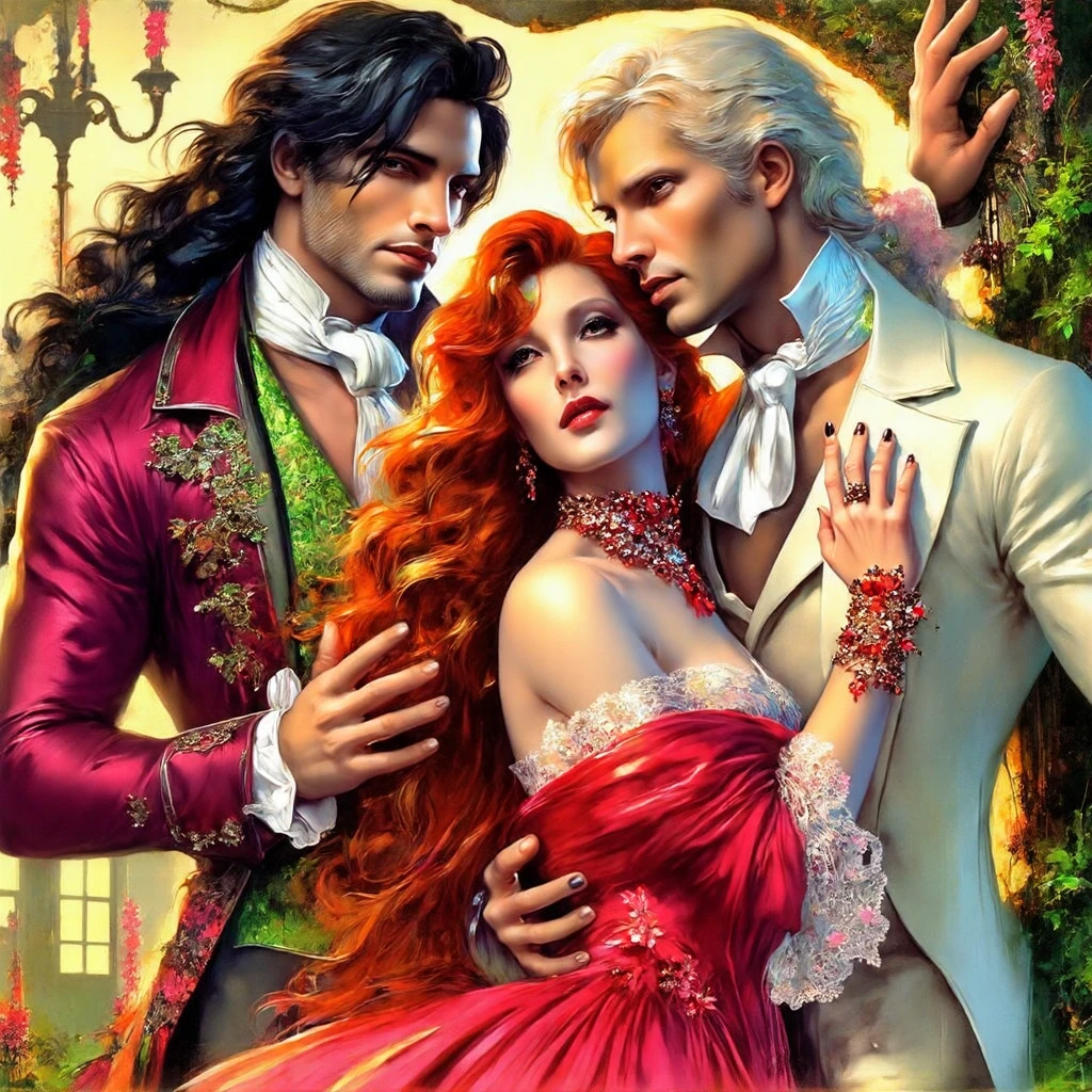  Full-waist digital realistic illustration в полный рост.  Two Beautiful 30-year-old strong muscular sexy men ,  one with long black hair AND THE OTHER WITH WHITE HAIR ,  passionately press the tree AND WANT TO HUG A RED-HAIRED Lady in a BRIGHT Victorian English satin outfit.  Victorian garden and Victorian Palace House . BRIGHT,textural, three-dimensional , colorful complementary colors ,  jewels.  Dynamic poses . intrigue.  passion . BEAUTIFUL 3d hair .textural.  correct anatomy proportions .right hands . model beautiful faces.  Perfect for a book cover .