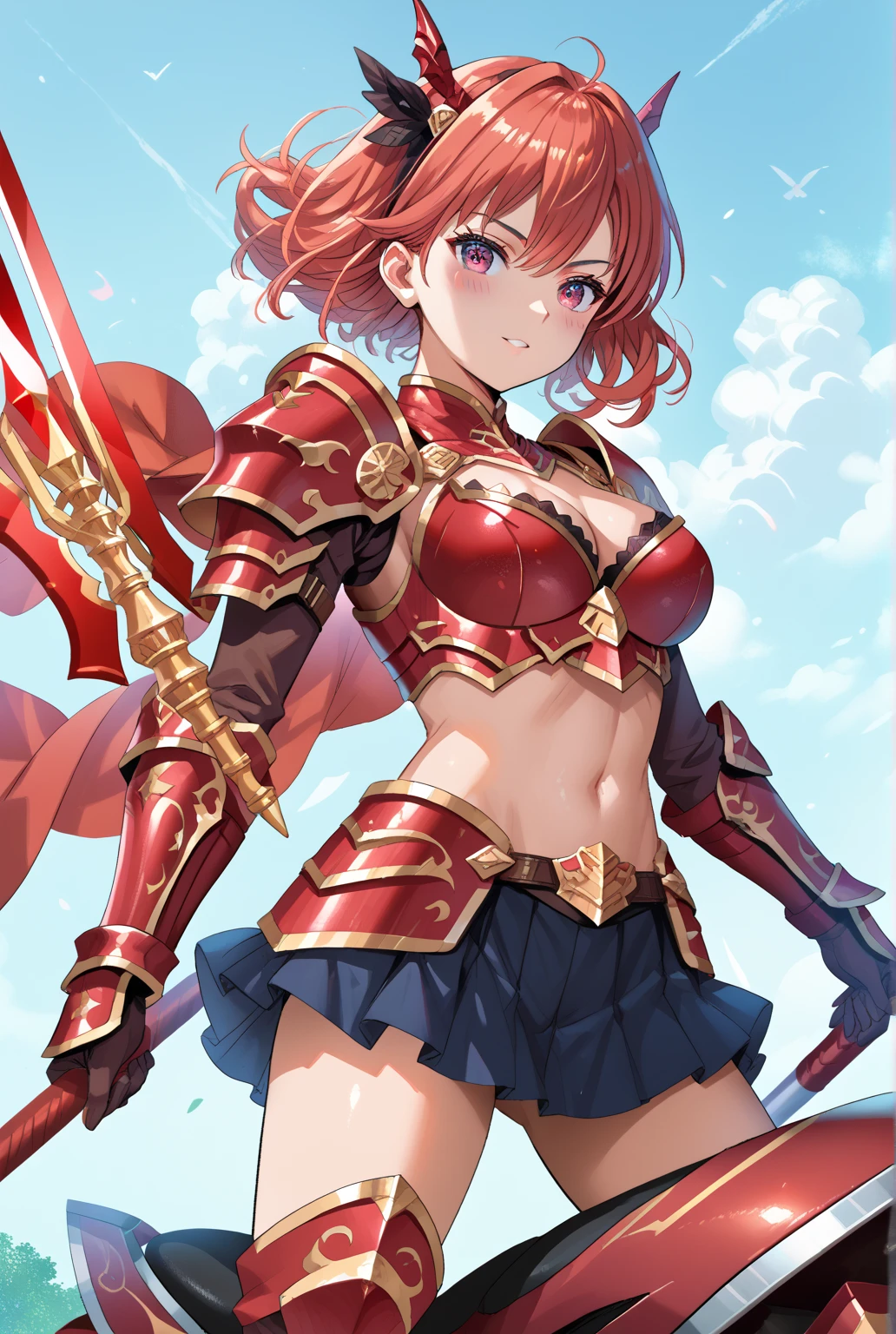 score_9,score_8_up,score_7_up,rating_safe1girl,breasts,source_anime,red_lance,dark_red_armor,mini_skirt,ride_on_the_rea_dragon,red_medium_hair,