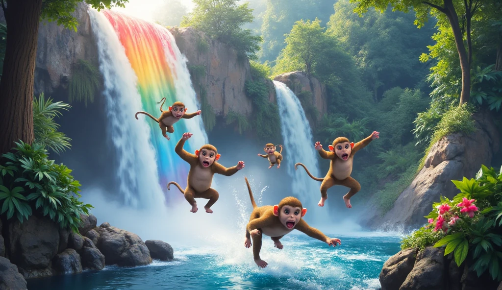 Monkeys sliding down a rainbow-colored waterfall, laughing and spinning mid-air in the jungle . vibrant color