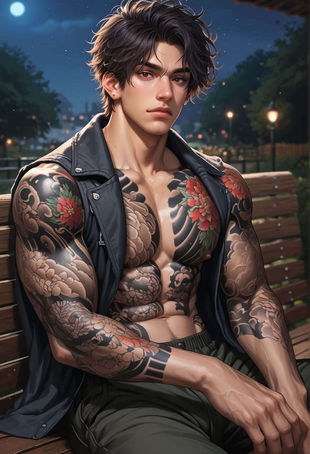 1men, calm expression, adult, muscular, body covered in tattoos (Tattoos on chest), (Tattoos on abdomen), (Tattoos on neck), Dark hair, messy hair, brown eyes, wearing casual long coat, black cargo short pant, sitting in bench, (Night:1.4), portrait. score_9, score_8_up, score_7_up. 