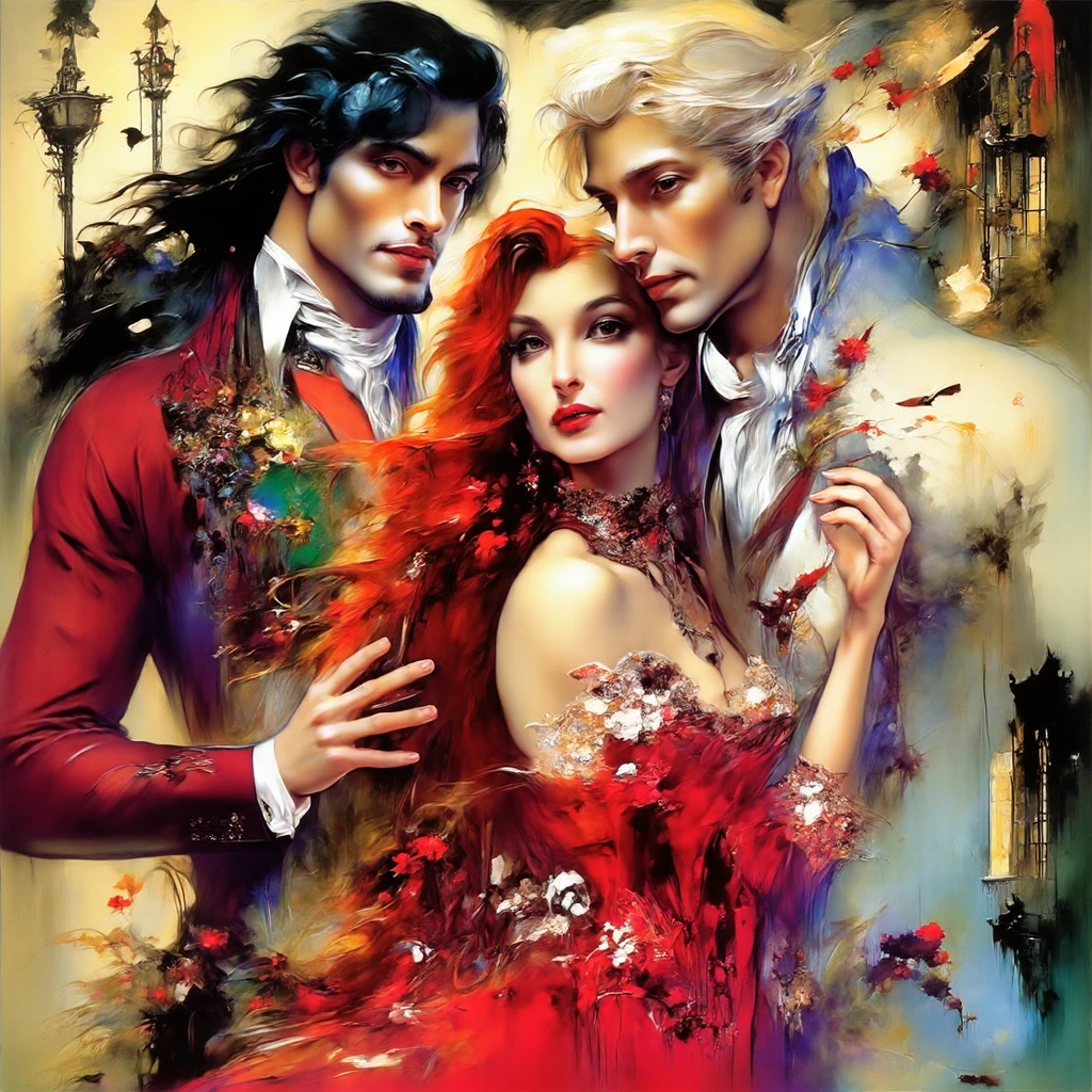  Full-waist digital realistic illustration в полный рост.  Two Beautiful 30-year-old strong muscular sexy men ,  one with long black hair AND THE OTHER WITH WHITE HAIR ,  passionately press the tree AND WANT TO HUG A RED-HAIRED Lady in a BRIGHT Victorian English satin outfit.  Victorian garden and Victorian Palace House . BRIGHT,textural, three-dimensional , colorful complementary colors ,  jewels.  Dynamic poses . intrigue.  passion . BEAUTIFUL 3d hair .textural.  correct anatomy proportions .right hands . model beautiful faces.  Perfect for a book cover .