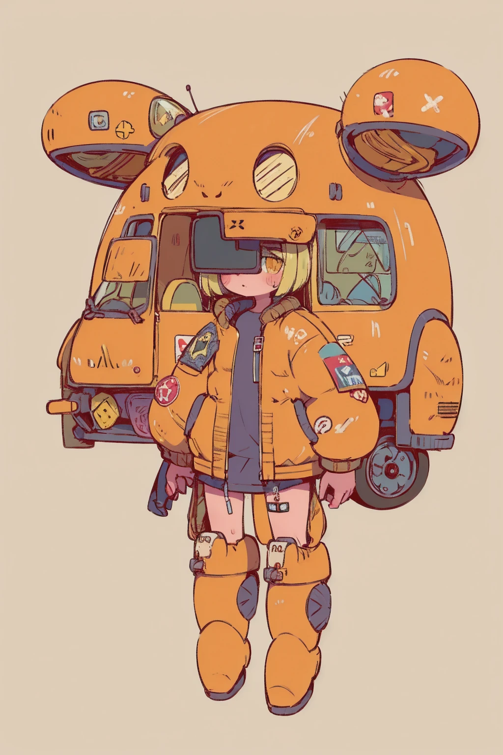   Full Body Portrait , (  super detailed ,   super high res ,   detailed background ),((2D)),((  flat color)),((achromatic  )),  One girl ,,   viewers,   loose red flight suit  ,   wear large sheepskin colored bomber jacket, ( big yellow boots  ),  Plush color  ,   Full Body Portrait ,  wear VR goggles , ((  Baron Desert Intracat background  )), ((Doomsday City)),   Expressing the whole body , ((  drone next to her  )), Pop Art Style, exoskeleton