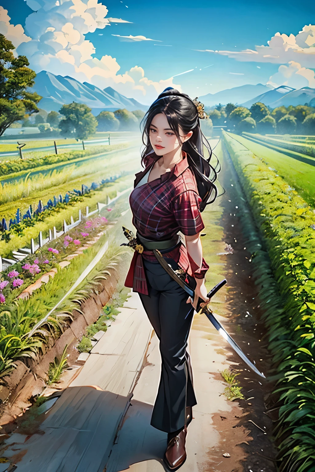 The background is a vegetable garden, fruit garden, modern era. The character is a beautiful woman with long dark black hair, wearing a colorful farmer's outfit, Wear pants with a plaid shirt, katana crossed, look at the viewer, she's a killer, sword, katana, ภาพระยะไกล , ซ่อนดาบยาวไว้ข้างหลัง, หันหน้าตรง, แอบถือดาบยาว, from faraway, (from distant: 2.0) (Hiding the long sword behind her back: 1.5) (Turn straight ahead: 2.0)