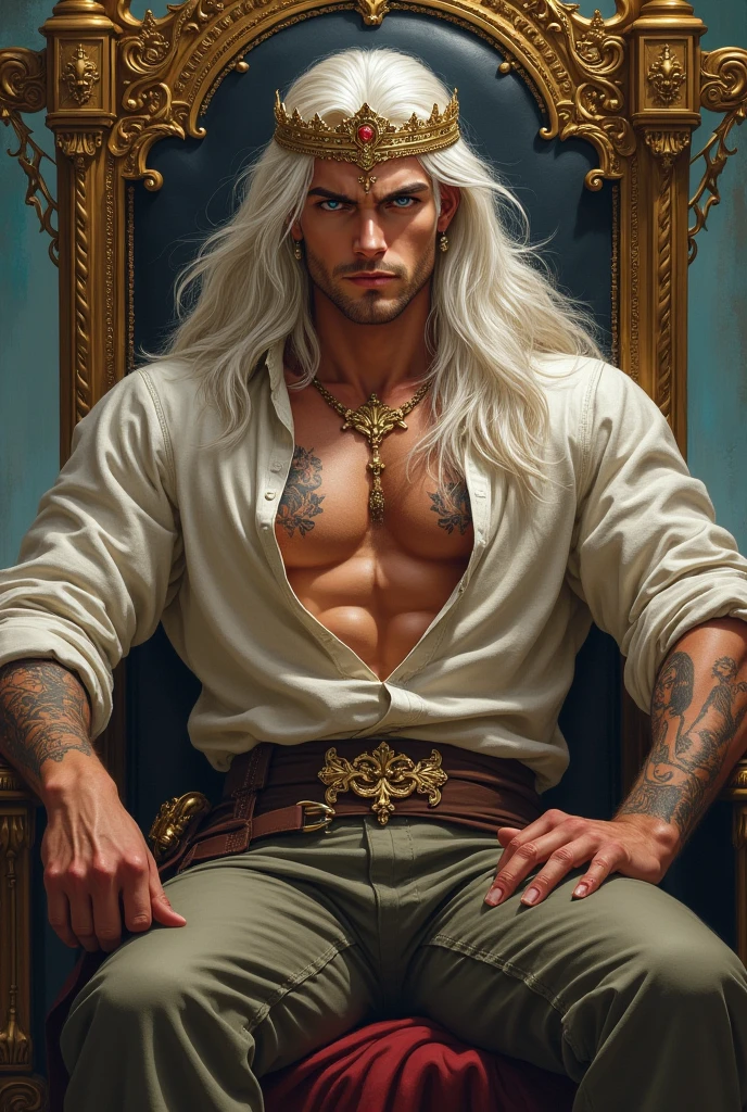Create a handsome and attractive prince of hell, that has long white hair with some braid strips, that has blue-purple eyes, Leave her chest exposed with some tattoos and put on a semi-transparent black robe with gold embroidery, that he has leather pants with a belt, Put a bracelet on his arm too. Let him sit in an elegant black chair with thorns and diamonds and hold a glass of black wine in his right hand.