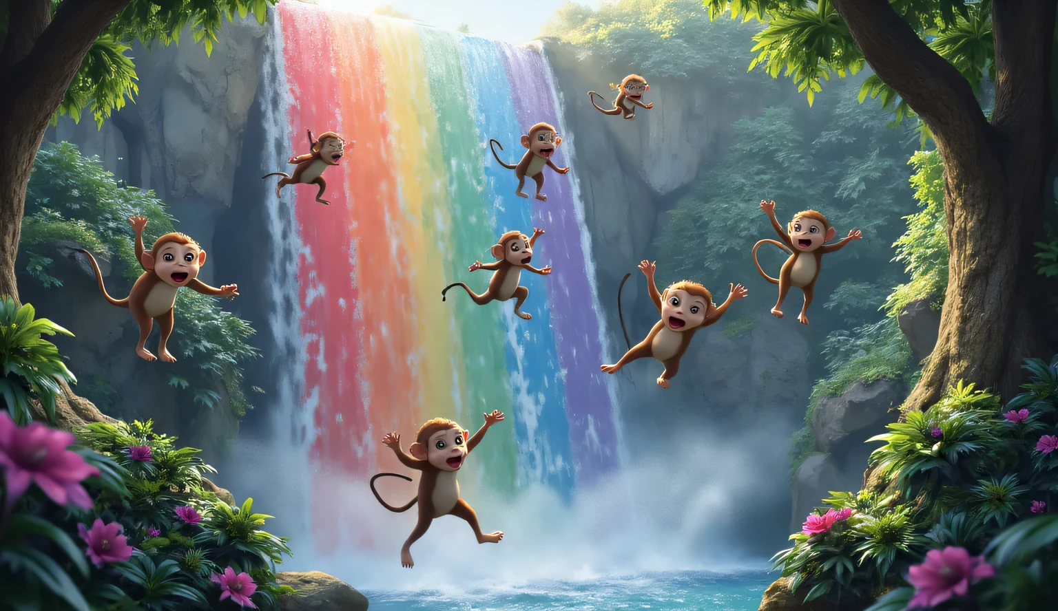 Monkeys sliding down a rainbow-colored waterfall, laughing and spinning mid-air in the jungle . vibrant color