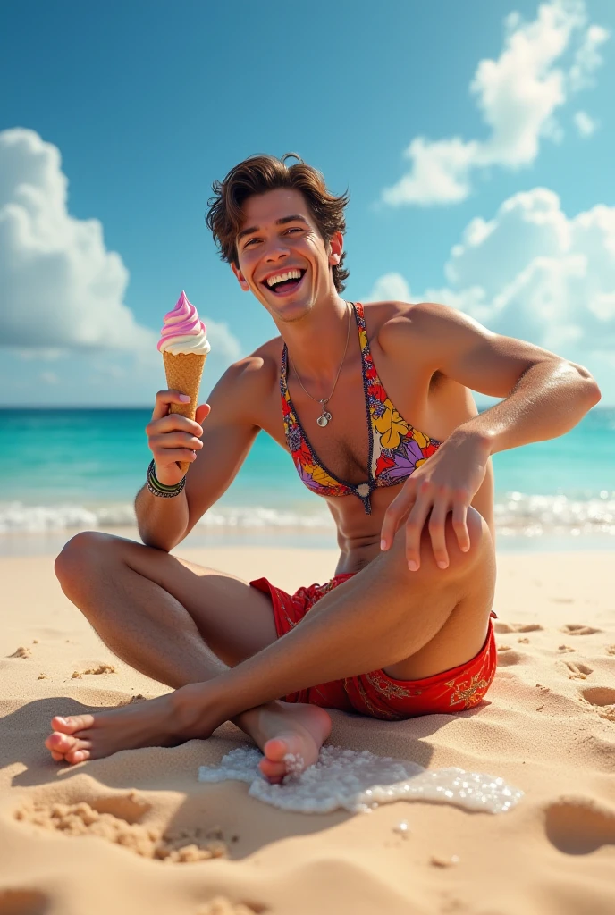 A young handsome tall skinny white man on the beach with coconut in his hand with pink boxers and real winged flamingo next to him