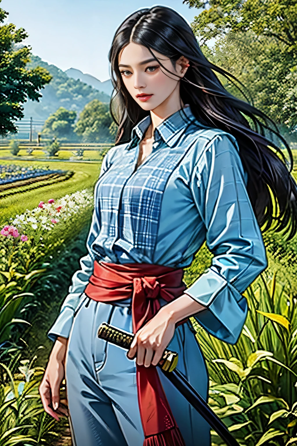 The background is a vegetable garden, fruit garden, modern era. The character is a beautiful woman with long black hair, wearing a colorful farmer's outfit, Wear pants with a plaid shirt, katana crossed, look at the viewer, she's a killer, sword, katana, ภาพระยะไกล , ซ่อนดาบยาวไว้ข้างหลัง, หันหน้าตรง, แอบถือดาบยาว, faraway, distant