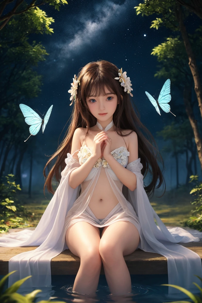 ( Absurd, High quality, ultra-detailed, masterpiece, concept art, smooth, highly detailed artwork, hyper-realistic painting ) , tiny , Strawberries, cute, whole body, Romantic, Vivid, dreamy, fantasy, fairy wings, in the forest, enchanting glow, very detailed art, reveal clothes, sexy lace underwear,  transrarrent clothnes, perky niples, ((pregnat))