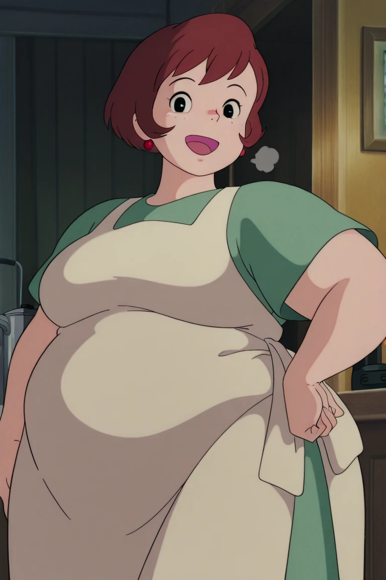 1girl,solo,mm,mature female,short hair,brown hair,black eyes,earrings,anime coloring,
dress,apron,cowboy shot, hand on own hip, looking at viewer, smile,indoors
,masterpiece,best quality,amazing quality, fat, chubby, obese, gigantic arms and legs, large breasts open mouth, out of breath