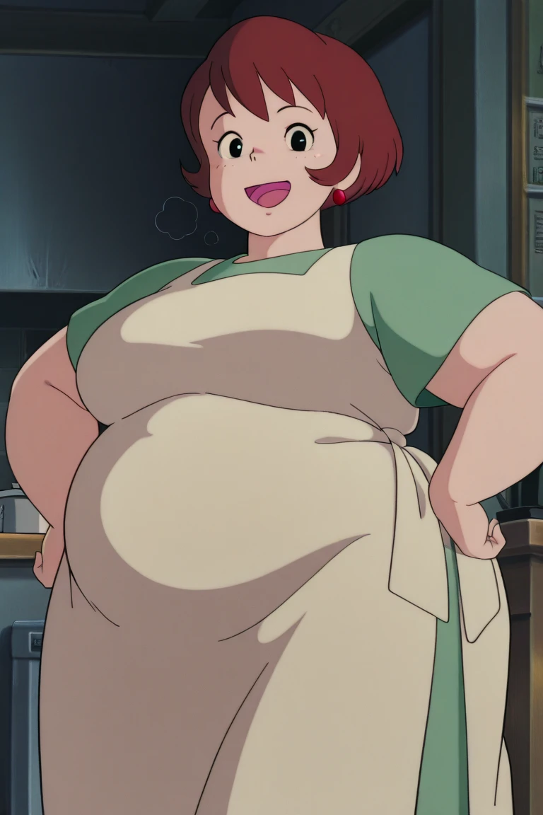 1girl,solo,mm,mature female,short hair,brown hair,black eyes,earrings,anime coloring,
dress,apron,cowboy shot, hand on own hip, looking at viewer, smile,indoors
,masterpiece,best quality,amazing quality, fat, chubby, obese, gigantic arms and legs, large breasts open mouth, out of breath