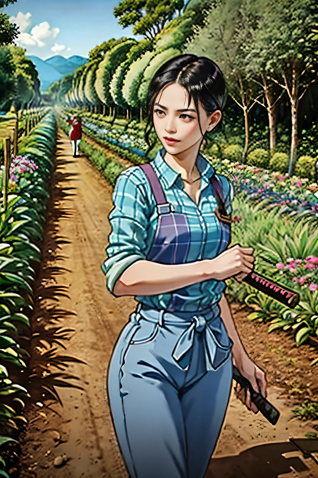 The background is a vegetable garden, fruit garden, modern era. The character is a beautiful woman with long dark black hair, wearing a colorful farmer's outfit, Wear pants with a plaid shirt, katana crossed, look at the viewer, she's a killer, sword, katana, ภาพระยะไกล , ซ่อนดาบยาวไว้ข้างหลัง, หันหน้าตรง, แอบถือดาบยาว, from faraway, from distant