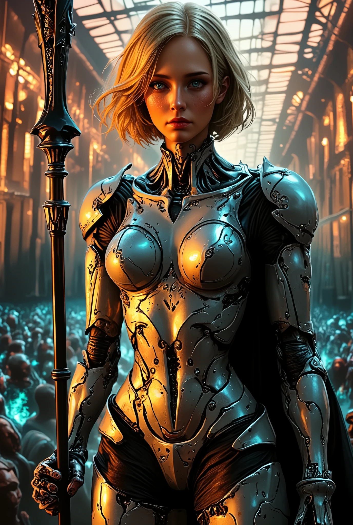 A realistic, full-body shot of a female robot gladiator with a stunning, natural face featuring short blonde hair and delicate freckles. Her face is expressive, human-like, and warm, with glowing blue-green eyes that contrast beautifully with her metallic features. Below the neck, her body is a sleek and agile humanoid mechanical frame made of polished and battle-worn metallic alloys. Her torso is a segmented exoskeleton with glowing energy lines in shades of blue and gold, showcasing advanced design and functionality. She wears gladiator-inspired armor, including a finely engraved chest plate, spiked shoulder guards, and a short armored skirt of overlapping metal plates. Her arms are designed for both precision and power, holding a glowing energy spear in one hand and a retractable energy shield on the other. Her legs are long and agile, with visible hydraulic joints and claw-like feet for enhanced stability and movement. The scene is set in a futuristic coliseum with glowing neon lights, a smoky atmosphere, and a faint, roaring crowd in the background. The lighting highlights her face's softness while casting dramatic shadows on her mechanical body, creating a striking and cinematic effect.