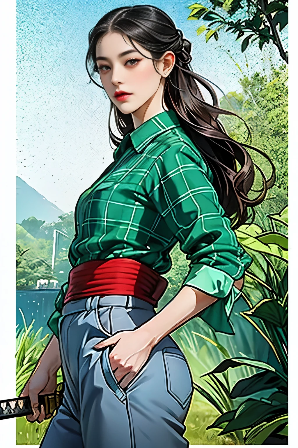 The background is a vegetable garden, fruit garden, modern era. The character is a beautiful woman with long black hair, wearing a colorful farmer's outfit, Wear pants with a plaid shirt, katana crossed, look at the viewer, she's a killer, sword, katana, ภาพระยะไกล , ซ่อนดาบยาวไว้ข้างหลัง, หันหน้าตรง, แอบถือดาบยาว, faraway, distant