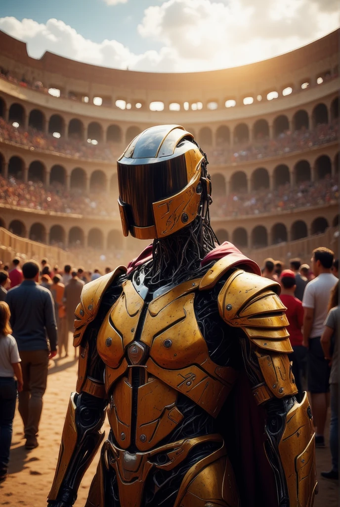 Human,  Robot mechanical parts ,  Dressed in ancient Roman plate armor with patterns, background Colosseum , spectators,  Iron Gate ,  sunny day ,  masterpiece fails, 8 k,  maximum detail ,  complex parts,  better quality ,  Movie frame ,  Lots of Details ,