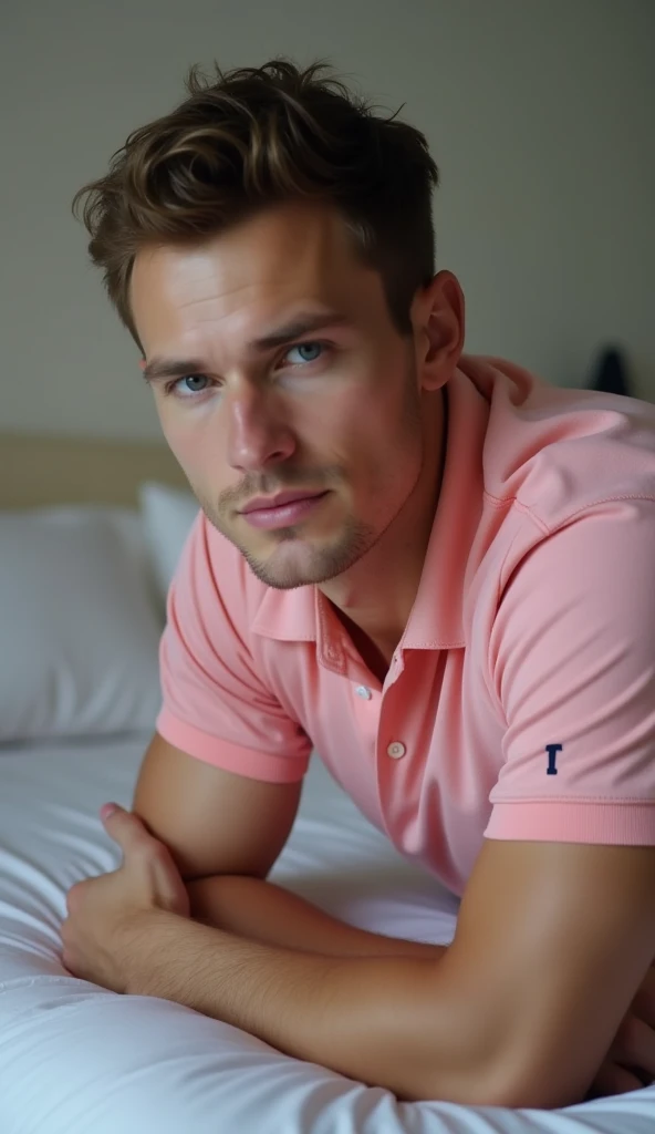 Homme caucasien grand de taille, charmant, un peu costaud, habillé en pantalon et tee-shirt manche longue, assis ou adossé sur une table dans une grande chambre d'hôtel et sur la table sur laquelle est assis ou adossé le charmant homme il faut qu'il y ait un papier mouchoir déjà utilisé sur la table et sur le lit de l'hôtel qu'il soit déposer un cadre photo grand ou moyen qu'il est possible de faire arrêter sur le lit et faire face à la caméra et sur le mur du chevet du lit un tableau sur lequel il est écrit en français : Bienvenue à Melbourne AUSTRALIE et autour de la phrase qu'il y ait les emblèmes du Canada Québec ou le drapeau du Canada Québec