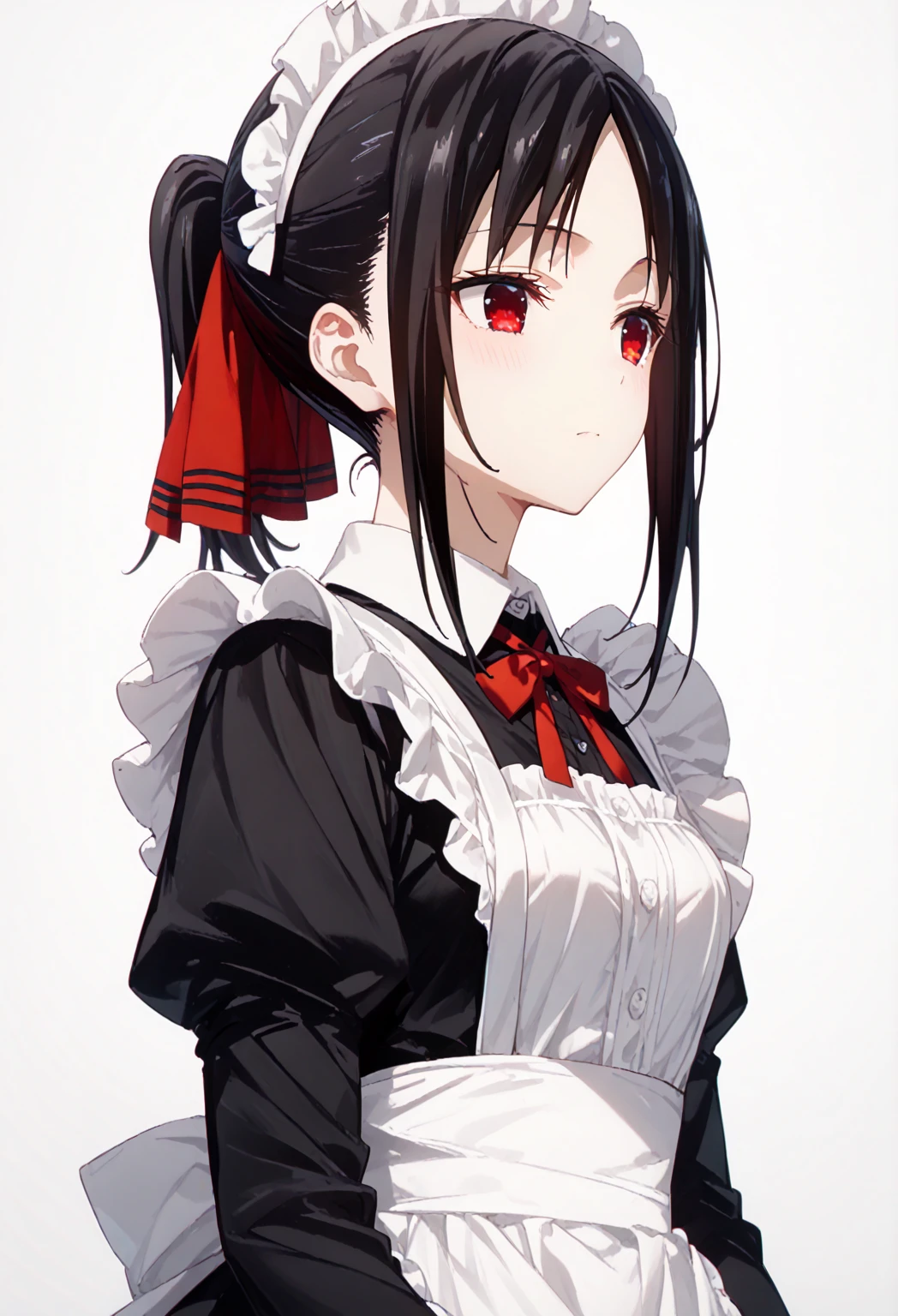  dressed in maid outfit  1girl, shinomiya kaguya,  red eyes, maid,black hair, , ribbon, maid headdress,kaguya shinomiya, short hair, bangs, black hair, red eyes, hair ribbon, sidelocks, folded ponytail, parted bangs,standing,full-body shot