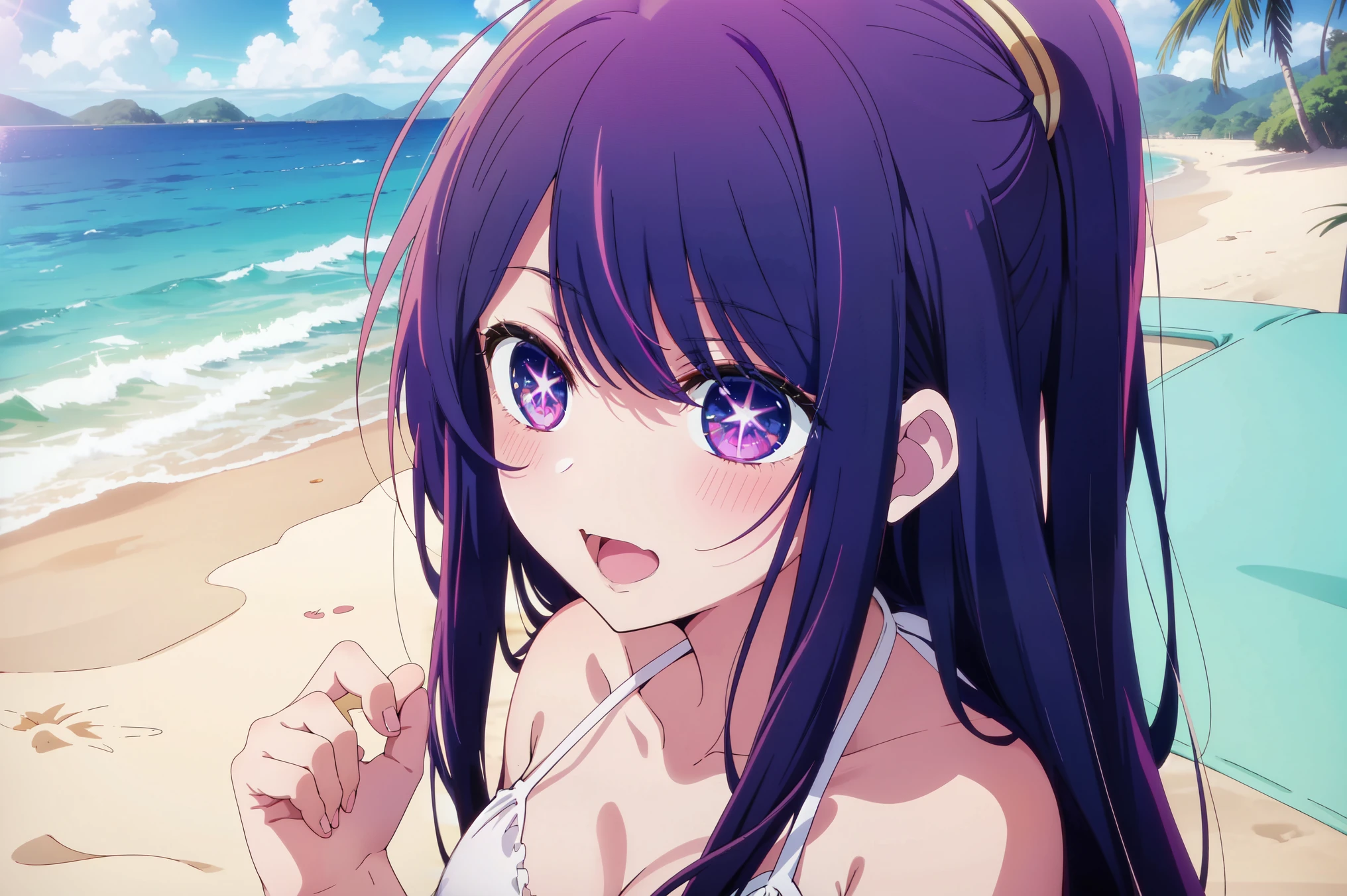 Anime girl wearing bikini on beach，Starfish in hair, anime moe art style, anime visual of a cute girl, anime best girl, style of anime4 K, Marin Kitagawa fanart, official anime still, Beautiful anime girl, seductive anime girls, Official anime artwork, hana yata, Smooth anime CG art, Beautiful anime, offcial art