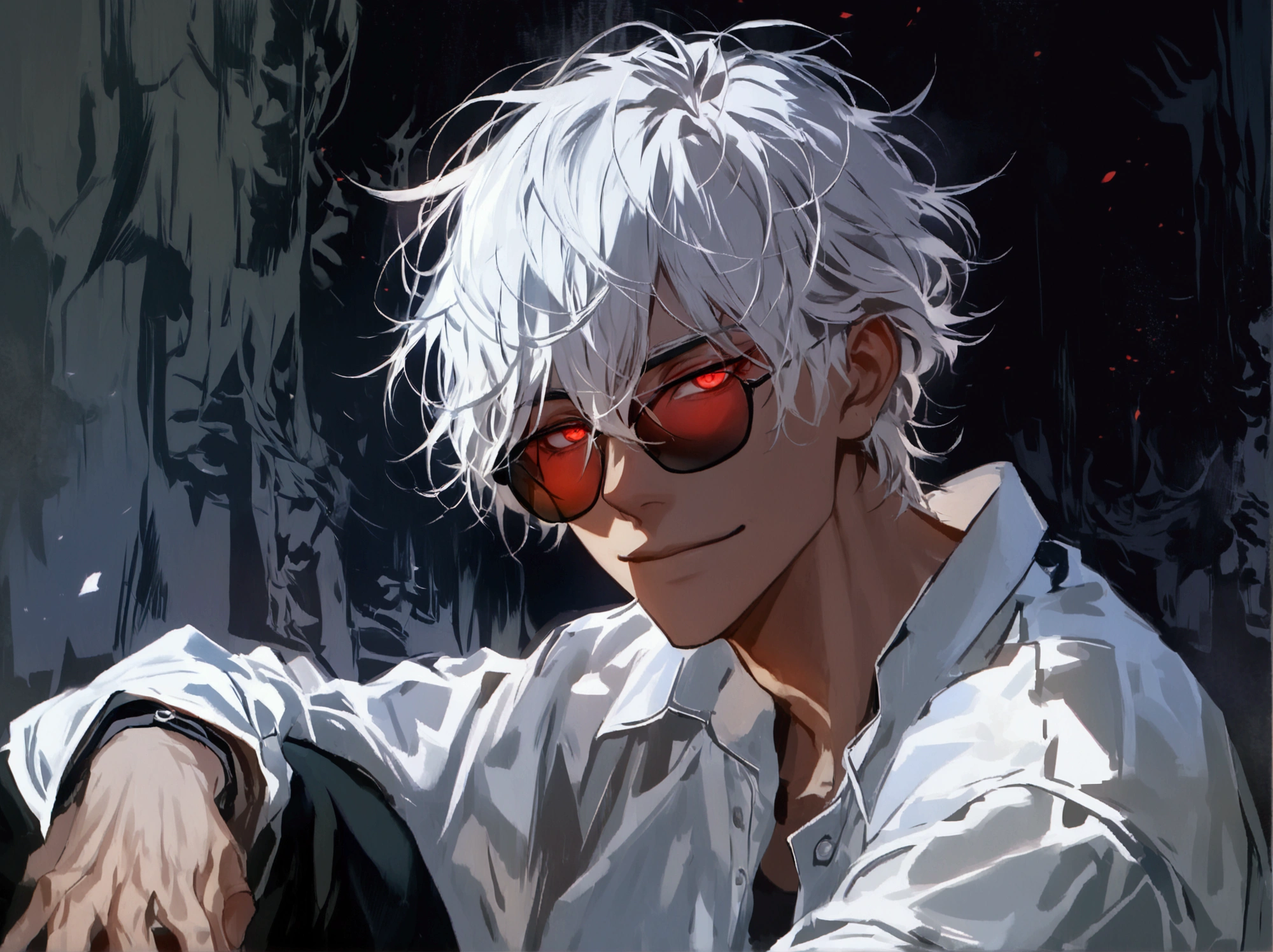 (solo), (1 male), (1 man), handsome men, (one man with White hair, red eyes), long hair, messy hair, sunglasses,((masterpiece)), (dark background: 1.3), (stylish), dynamic angle, (detailed face, detailed eyes, proportional hands, proportional anatomy), sitting in a relaxed pose, sinister atmosphere, a nihilistic smile