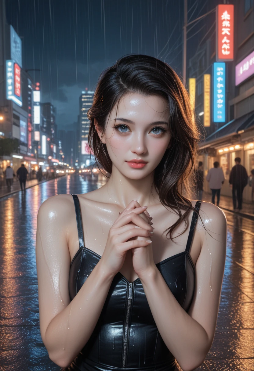 Highest quality, masterpiece, Ultra-high resolution, (Realistic:1.4), RAW Photos, Aesthetics and atmosphere, Dark Shot, Film Grain, Soft Focus, Bokeh, Night Shots, masterpiece realistic volumetric light,,One girl, Purple eyes, Gray Hair, Curly Hair, Grin, (freckles:0.8), thigh, Medium chest, Upper Body, (Sparkling:1.3) Sequined Mini CNS Dress, (panties),ray tracing reflection, Desert street, path, City lights, Beautiful sky, Relying on the wall, From the side,NSFW,Large Breasts, Small waist