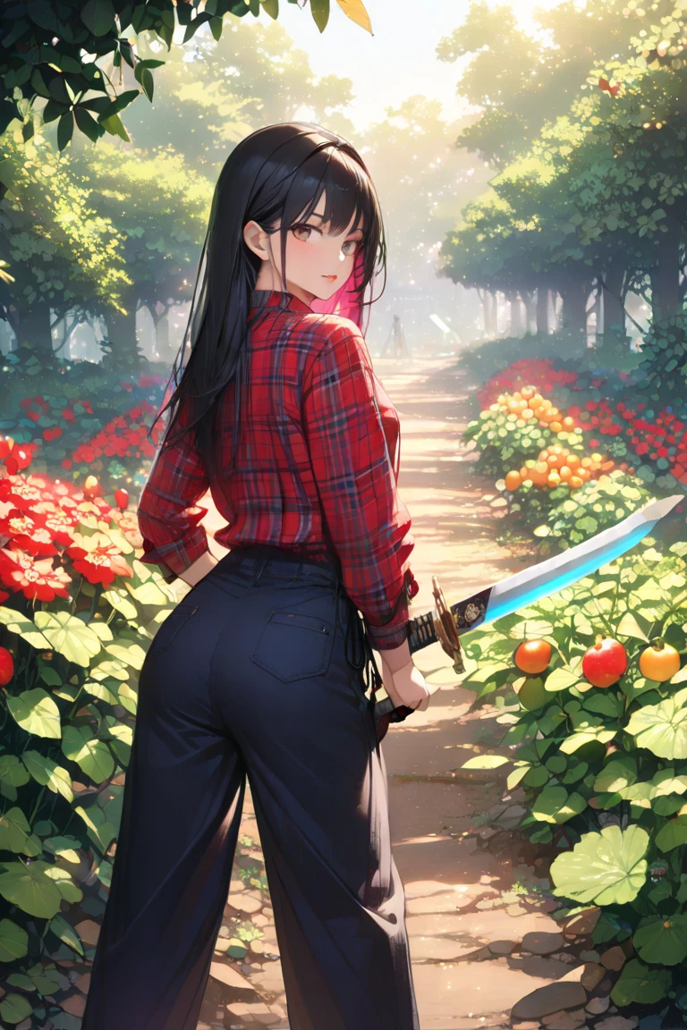 The background is a vegetable garden, fruit garden, modern era. The character is a beautiful woman with long dark black hair, wearing a colorful farmer's outfit, Wear pants with a plaid shirt, katana crossed, look at the viewer, she's a killer, sword, katana, ภาพระยะไกล , ซ่อนดาบยาวไว้ข้างหลัง, หันหน้าตรง, แอบถือดาบยาว, from faraway, (from distant: 2.0) (Hiding the long sword behind her back: 1.5) (Turn straight ahead: 2.0)