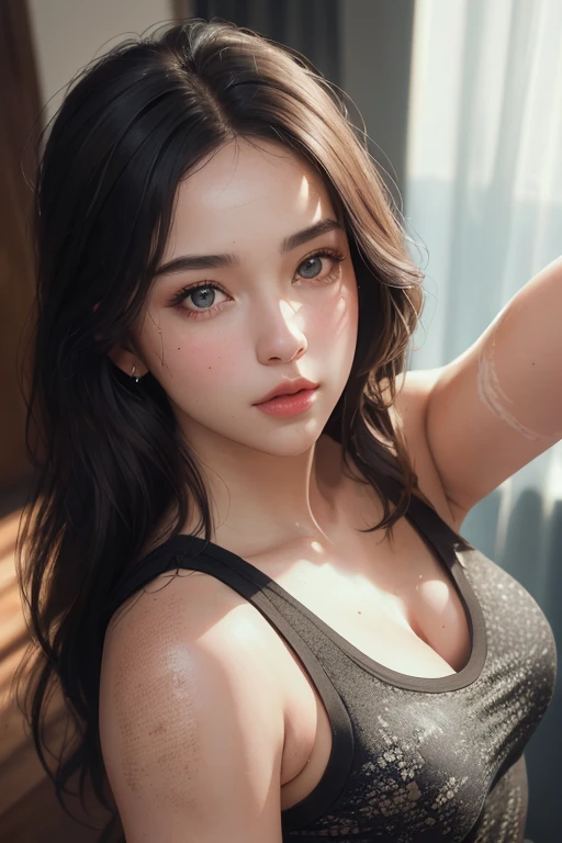 (masterpiece, top-quality, a beauty girl, Kawaii face:1.2), (Close-up Face:1.1), 8K, offcial art, Raw photo, absurderes, Student gym clothes、Buruma, Looking up at the viewer, slender, Teen, face lights, Film grain, chromatic abberation, foco nítido, Dynamic lighting, Cinematographic lighting、very slender body shape、Chest cleavage、Kneeling、Beautiful collarbone、Open mouth、Fog、Stretch your tongue、