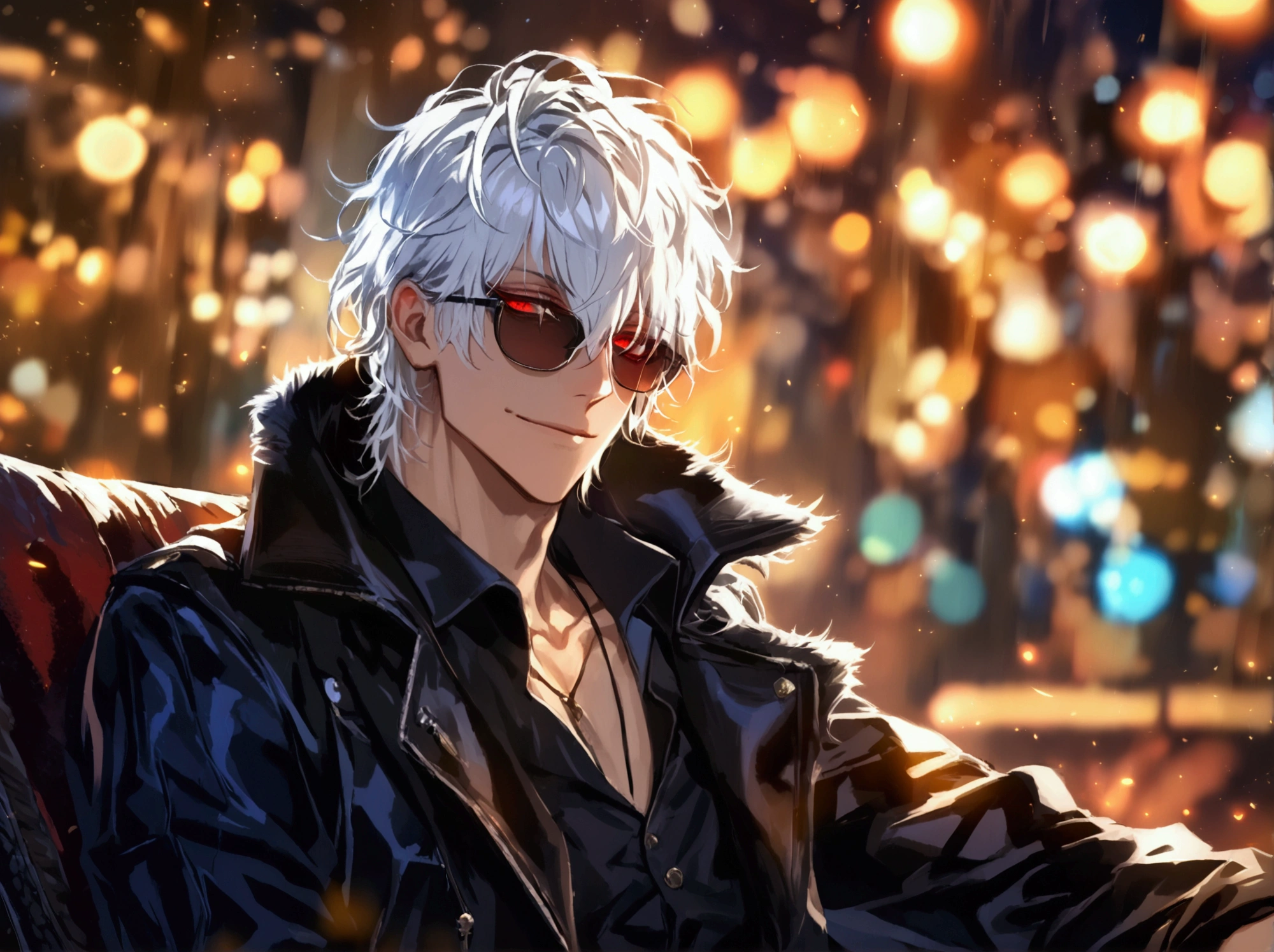 (solo), (1 male), (1 man), handsome men, (one man with White hair, red eyes), long hair, messy hair, sunglasses,((masterpiece)), (dark background: 1.3), (stylish), a long black coat ,dynamic angle, (detailed face, detailed eyes, proportional hands, proportional anatomy), sitting in a relaxed pose, sinister atmosphere, a nihilistic smile