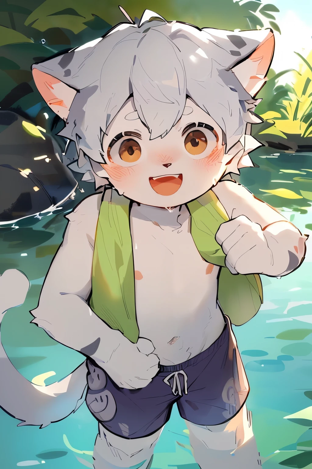 masterpiece, of the best quality, perfect anatomy ,, milkytiger1145 , author:K0bit0wani, boy, Mascot boy,(( cute) | (Moe)| (Sweet) | (Fresh)),((Main Platform )|( Small Fresh meat)),(( 1 cat))/(Swimming trunks)| ((reFreshing)| (Neat)),((defect)|( freckle)),((4K)|( Ultra HD)),((silver)|( Short silver hair) | ( short hair gray ), brown eyes , (Messy|laughter) hairstyle.,Full art,sweat, The background is a pond , wipe your body with a towel,The Boys,Pinot Dehaigny, Carney announced, milkytiger1145,