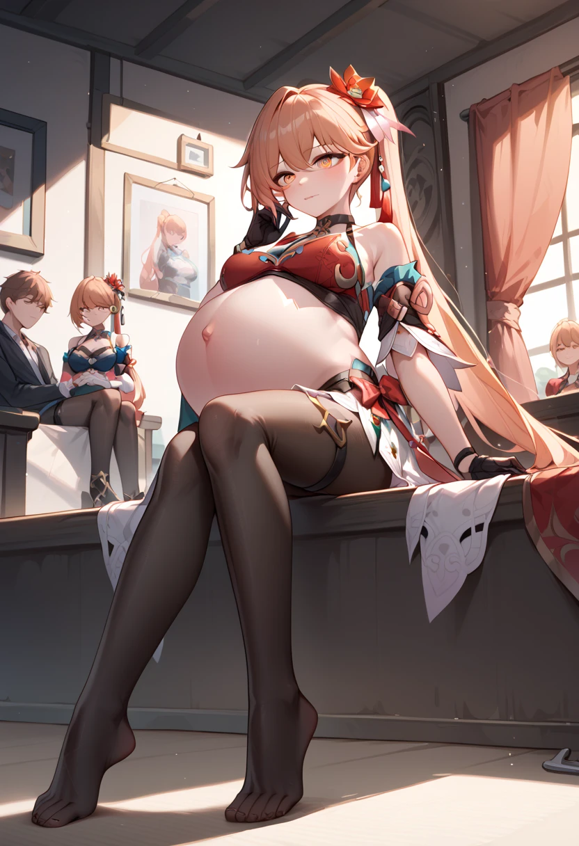 (Fraction_9, Fraction_8_up, Fraction_7_up), 1 Girl,  mellow _pregnant，Pregnant_pregnant，撑pregnant， Guinaifen, detached sleeVes, black gloVes,  black pantyhose ,  white skirt，Thigh strap, Room，Sitting， View audience , Hook of Holland,  watching the audience,  cowboy shooting,