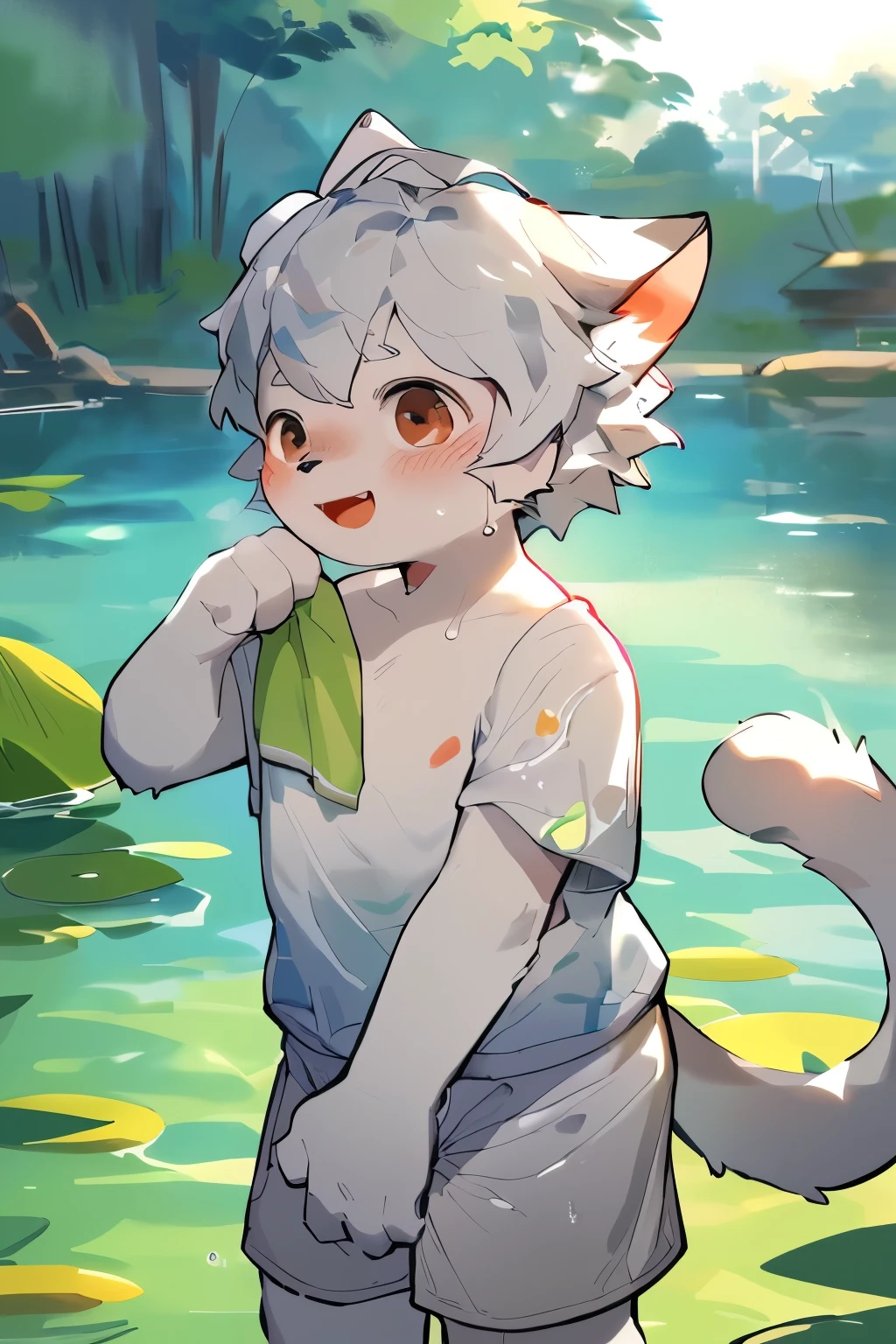 masterpiece, of the best quality, perfect anatomy ,, milkytiger1145 , author:K0bit0wani,Kindergarten boy, Mascot boy,(( cute) | (Moe)| (Sweet) | (Fresh)),((Main Platform )|( Small Fresh meat)),(( 1 cat))/(Swimming trunks)| ((reFreshing)| (Neat)),((defect)|( freckle)),((4K)|( Ultra HD)),((silver)|( Short silver hair) | ( short hair gray ), brown eyes , (Messy|laughter) hairstyle.,Full art,sweat, The background is a pond , wipe your body with a towel,The Boys,Pinot Dehaigny, Carney announced, milkytiger1145,