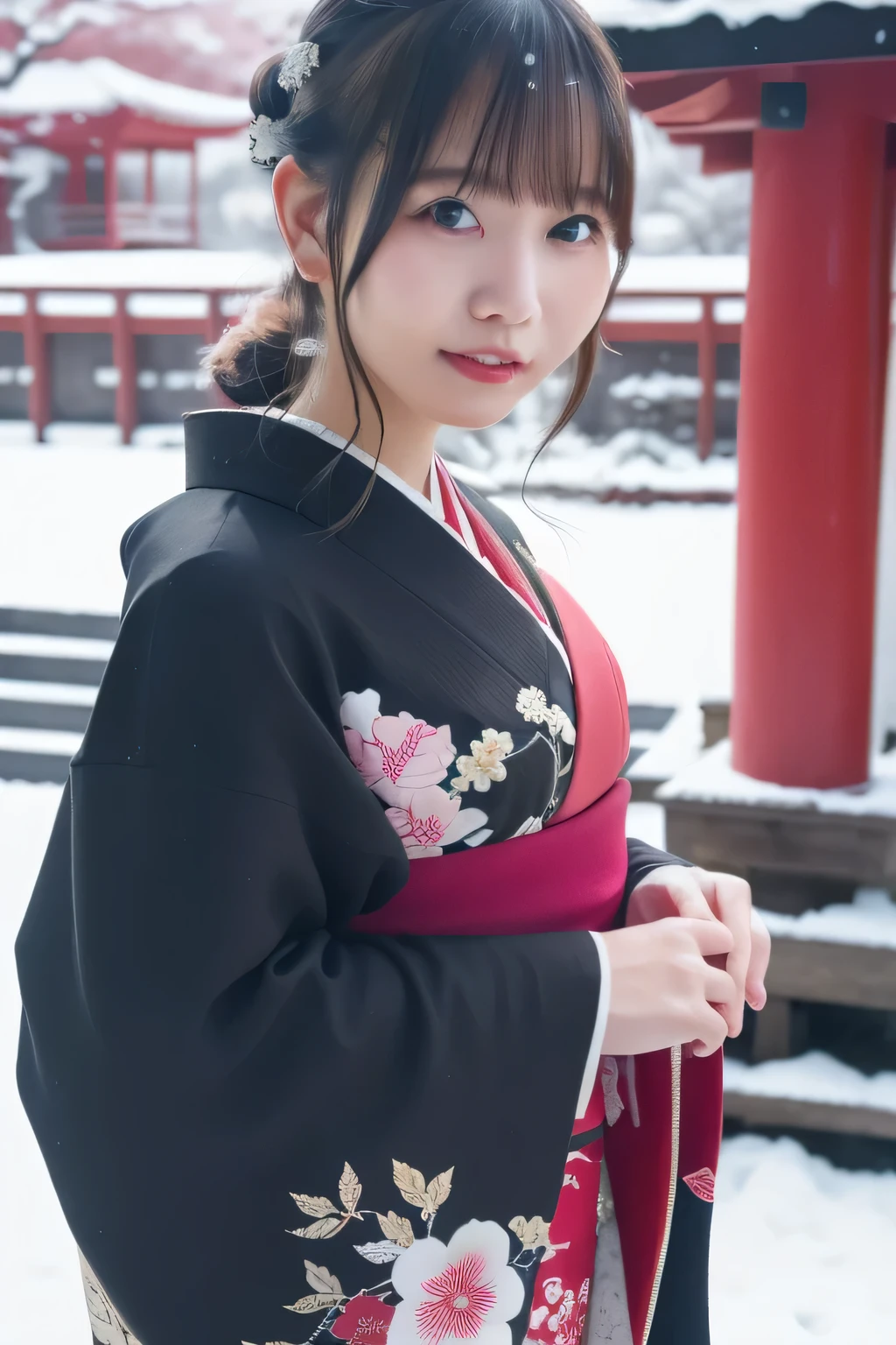 A breathtakingly beautiful 20-year-old woman with a slender physique, dressed in an elegant black and red kimono suitable for the Japanese New Year. She stands against the serene backdrop of a New Year's sunrise, featuring a traditional Japanese shrine, snow-covered grounds, and vibrant red camellias in bloom. Her gentle smile and friendly expression harmonize with the peaceful atmosphere of the snowy morning. (RAW photo, top quality, realistic, photo-realistic:1.4), (masterpiece, extremely detailed, 2k wallpaper), (Ultra Details, high res, soft light, cinematic lighting), (perfect anatomy, slender body), (extremely detailed eyes and face, beautiful nose, beautiful eyes). 