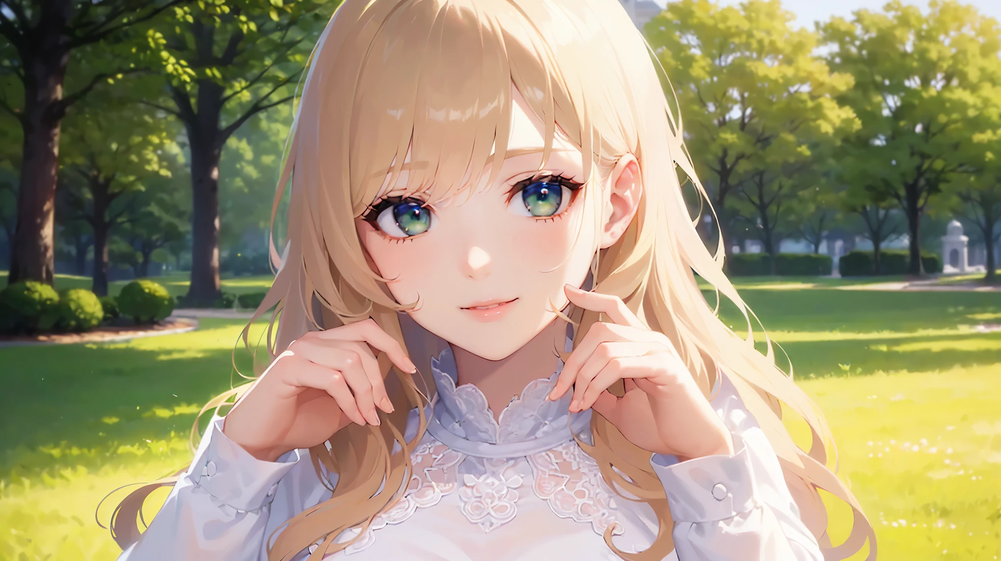 Shooting from above、hand on own cheek、looking up, Cleavage、Biologically correct five fingers、Upper Body, Realistic, real person, (pale skin: 1.2), RAW photo, photorealistic, shiny skin, shiny hair、(A 25-year-old woman with medium-length hair and bangs) and (wavy hair) and (Blonde Hair) and (green eyes) , BREAK (white) and (off shoulder blouse) BREAK 、 (embarrassed:1.5), (tears:1.1), smile, The background is a park、Alone、Are standing