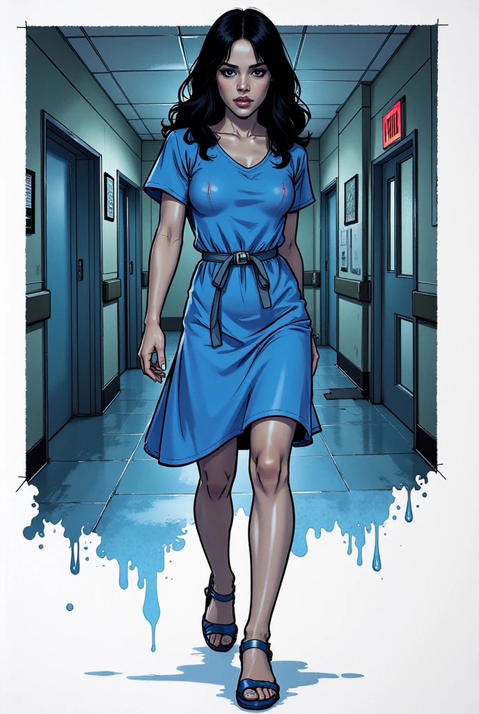 Illustration, masterpiece, close-up portrait of Jenna Ortega, thin and athletic, small breasts, wearing a blue hospital dress, walking in an hanted hospital during night, very dark, horrific, long black hair, black eyes, afraid, high resolution, high definition, comics drawing with ink and watercolor, on white paper, white background, American comics, many details, black and white, neon, dark shadows 