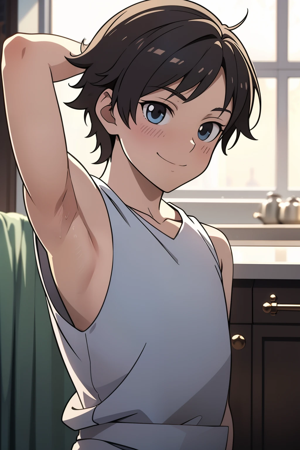 highres,Masterpiece， Best quality at best,Best Quality,hight quality, hight detailed, realistic, photorealistic, Anime style, 12-Year-Old-Boy, youg boy, shota, (Bunny boy, Bunny ear), White fur, Tank top, Basket uniform, Body, (Showing armpit:1.4), Slim body, Thin body, Indoor, cute, handsome, Happy, joyful, Blush, (highly detailed beautiful face and eyes)perfect anatomy(kemono, furry anthro)