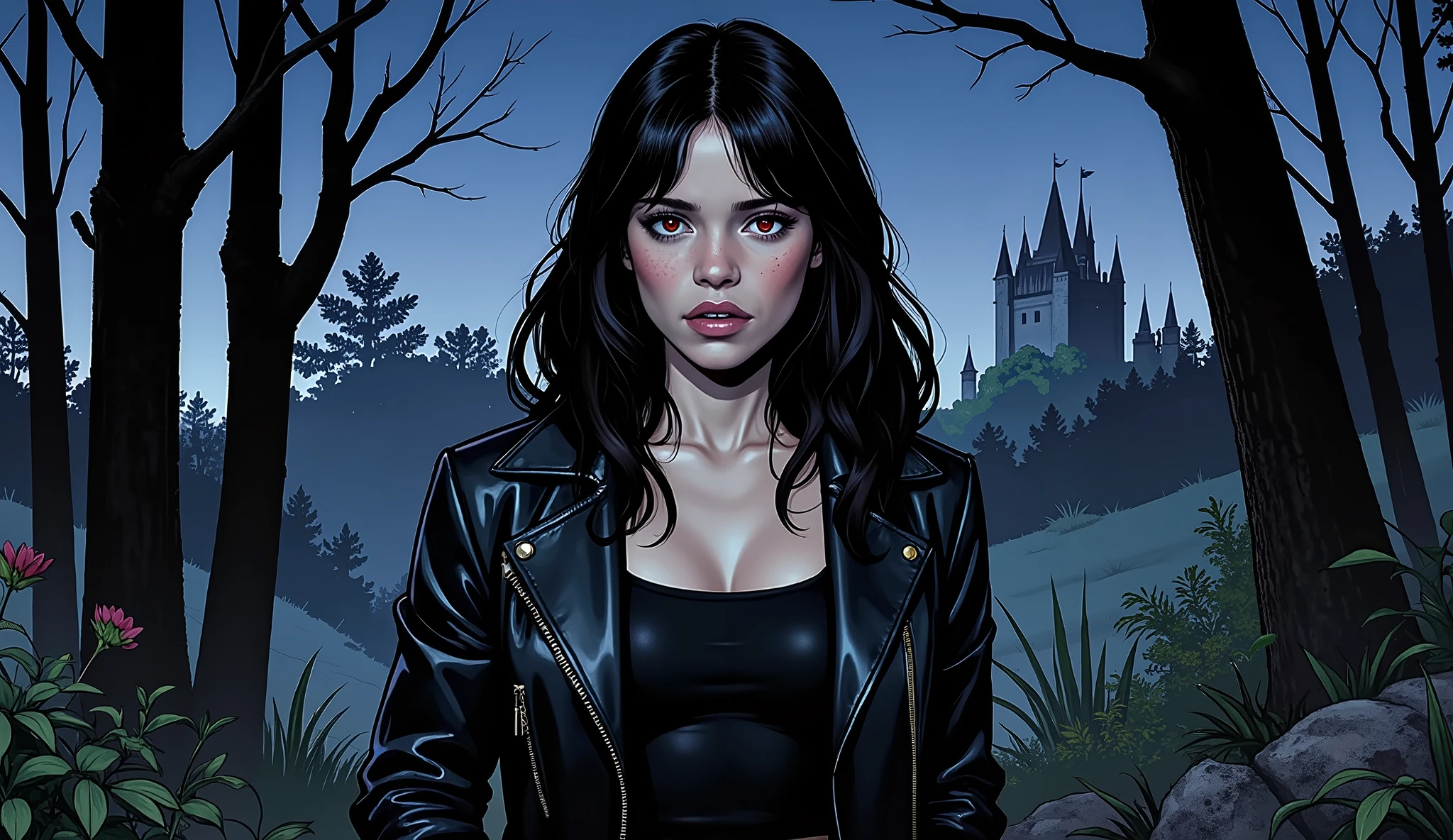 Illustration, wallpaper, masterpiece, close-up portrait of Jenna Ortega, as a vampire warrior, thin and athletic, small breasts, wearing a black leather jacket, standing alone in a dark forest during night, gothic landscape, castle, very dark, horrific, long black hair, red eyes, worried, high resolution, high definition, comics drawing with ink and watercolor, on white paper, white border, American comics, many details, black and white 