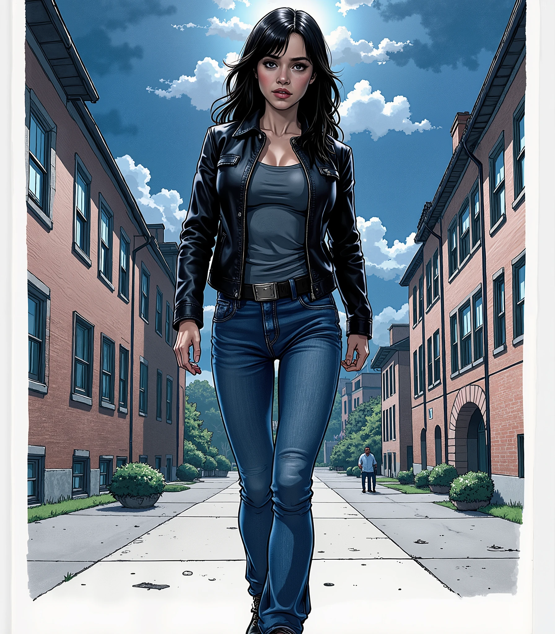 Illustration, masterpiece, portrait of Jenna Ortega as a vampire warrior goddess, thin and athletic, wearing a black leather jacket and a blue jeans, walking in a college campus, cloudy night, long black hair, red eyes, worried, high resolution, high definition, comics drawing with ink and watercolor, on white paper, American comics, many details 