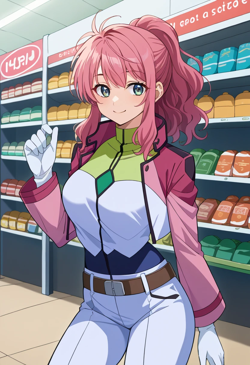 score_9、score_8_up、source_anime、1 woman、solo、FieldTDefault、 long hair、 ponytail、Multicolored shirt、 white shirt、 green shirt 、 pink jacket、 cropped jacket、white gloves、belt、 white pants、 is standing、smile、Outdoor、 dynamic poses in a crowded store、