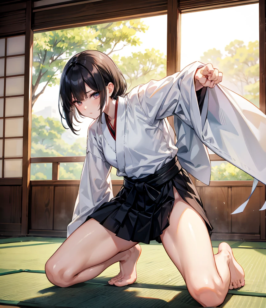 karate、girl、Torn street clothes、Disarray of clothing、The End of a Fierce Battle、Red blood bruise、Bandage、Tatami room、Japanese-style room、