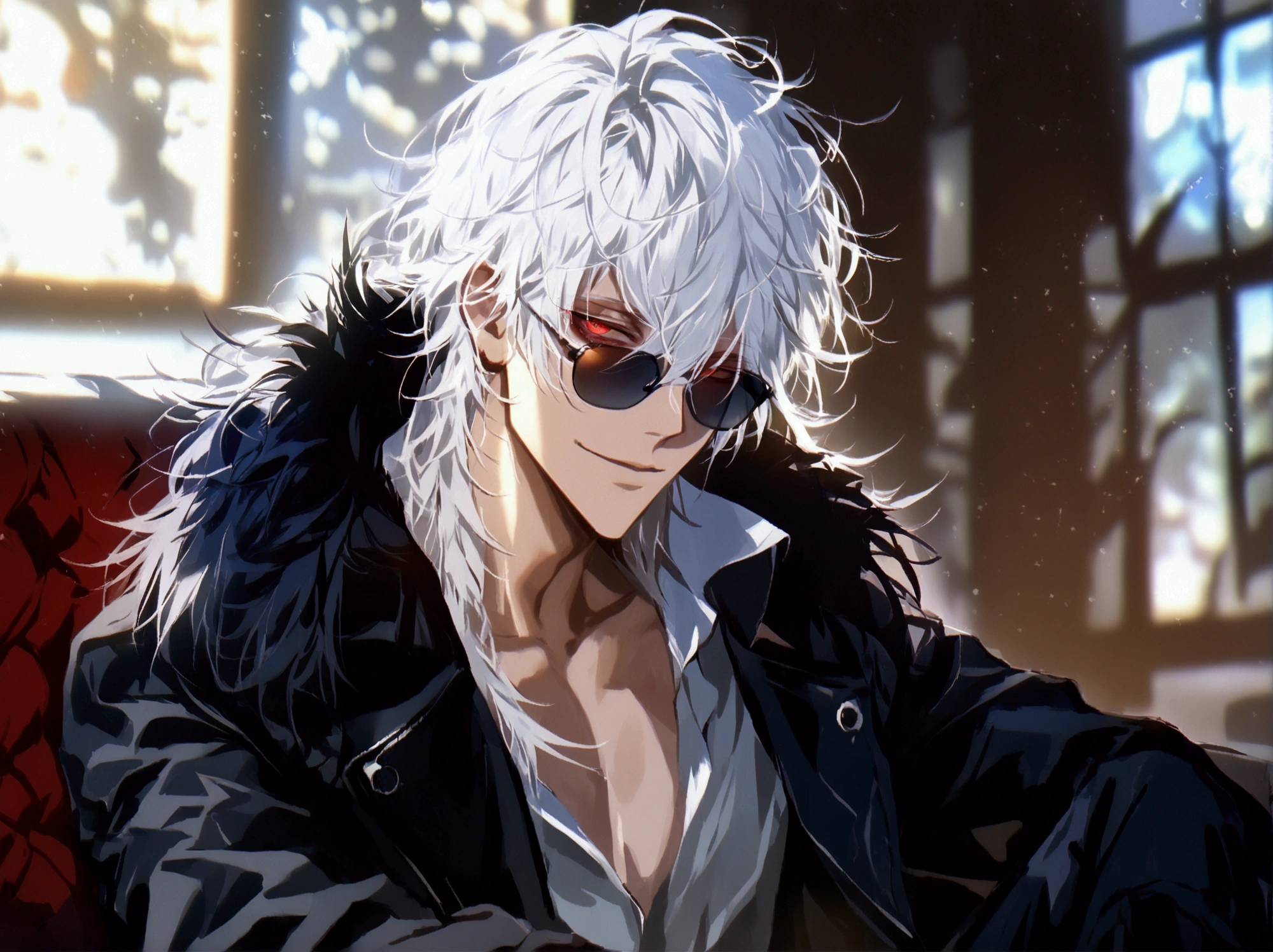 (solo), (1 male), (1 man), handsome men, (one man with White hair, red eyes), long hair, messy hair, sunglasses,((masterpiece)), (dark background: 1.3), (stylish), a long black coat ,dynamic angle, (detailed face, detailed eyes, proportional hands, proportional anatomy), sitting in a relaxed pose, sinister atmosphere, a nihilistic smile