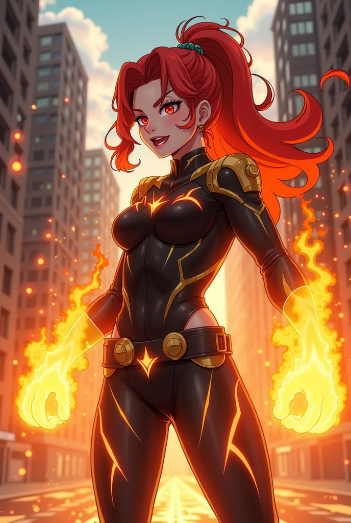 Volcana_DCAU, red eyes, very long red hair, fiery hair, crop top, boob cutout,pants, looking at viewer,smiling, evil grin, medium shot, outside, city, street, dark, night time, fire spell, holding a fireball, dynamic lighting, high quality, masterpiece, <lora:Volcana_DCAU:.6>