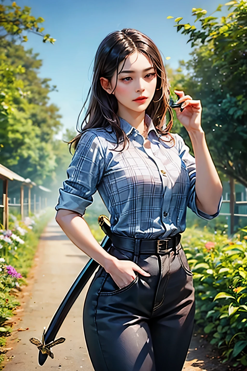 The background is a vegetable garden, fruit garden, modern era. The character is a beautiful woman with long dark black hair, wearing a colorful farmer's outfit, Wear pants with a plaid shirt, katana crossed, look at the viewer, she's a killer, sword, katana, ภาพระยะไกล , หันหน้าตรง, แอบถือดาบยาว, from faraway,