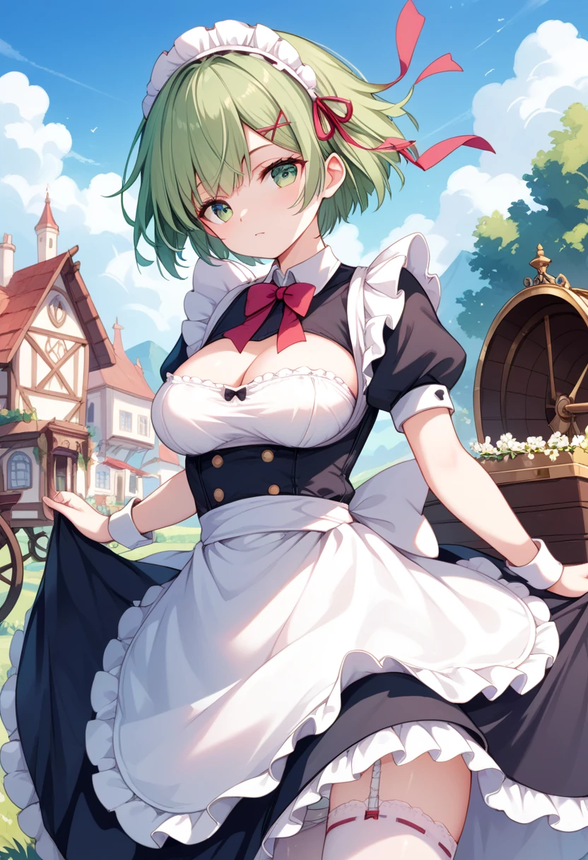 whole body　Diapers　Rem_\(:zero\)　green_eyes,hair_End_One_eye, short_hair,green_hair,hair_ribbon,carriage_Mansion_Maid_uniform,