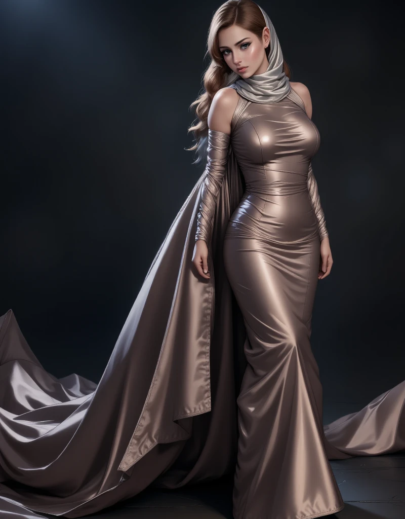 An turk woman in glamorous mermaid evening dress, long ballon sleeve bolero, long satin scarf wrapped around her arms, wear jewellery, wear modern satin hijab, entirety of fabric over dress about 7 meters in length trailing dramatically, glamours style, overlong dress train, extreme detail on the texture of the fabric, sexy random pose in studio, dramatic lighting, ultra realistic, high-resolution photography.