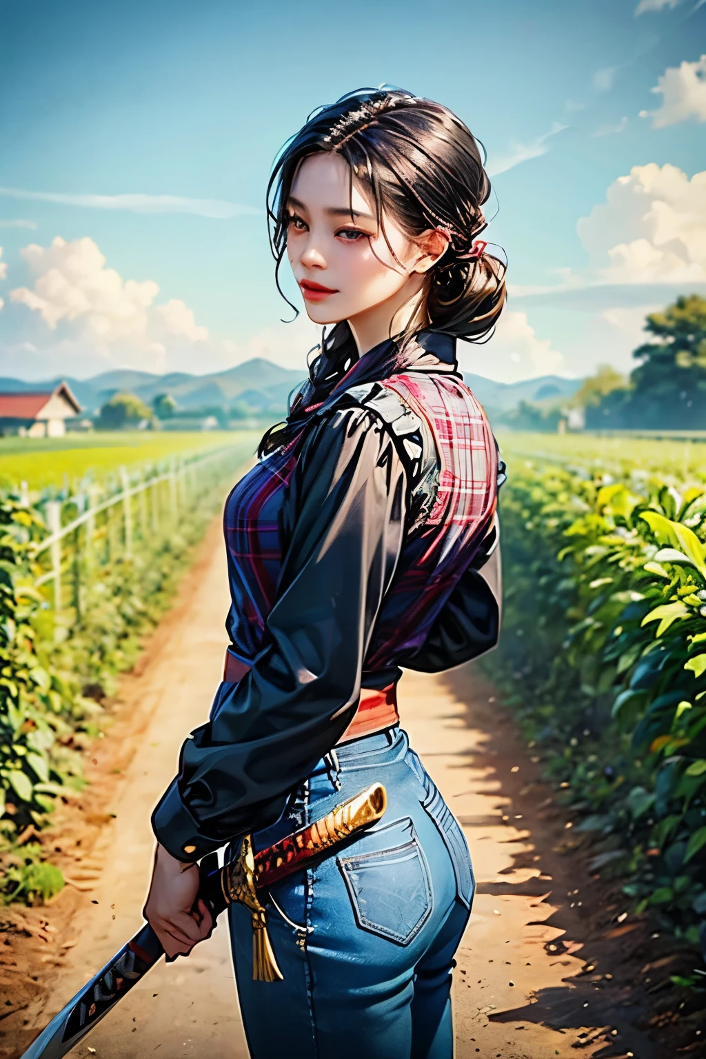 The background is a vegetable garden, fruit garden, modern era. The character is a beautiful woman with super long dark black hair, wearing a colorful farmer's outfit, Wear pants with a plaid shirt, katana crossed, look at the viewer, she's a killer, sword, katana, ภาพระยะไกล , หันหน้าตรง, แอบถือดาบยาว, from faraway,