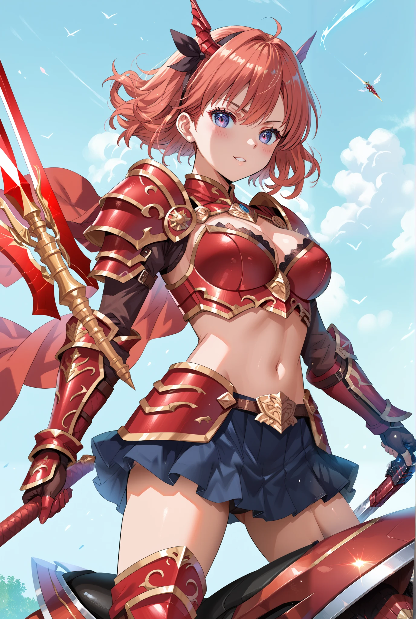 score_9,score_8_up,score_7_up,rating_safe1girl,breasts,source_anime,red_lance,dark_red_armor,mini_skirt,ride_on_the_rea_dragon,red_medium_hair,